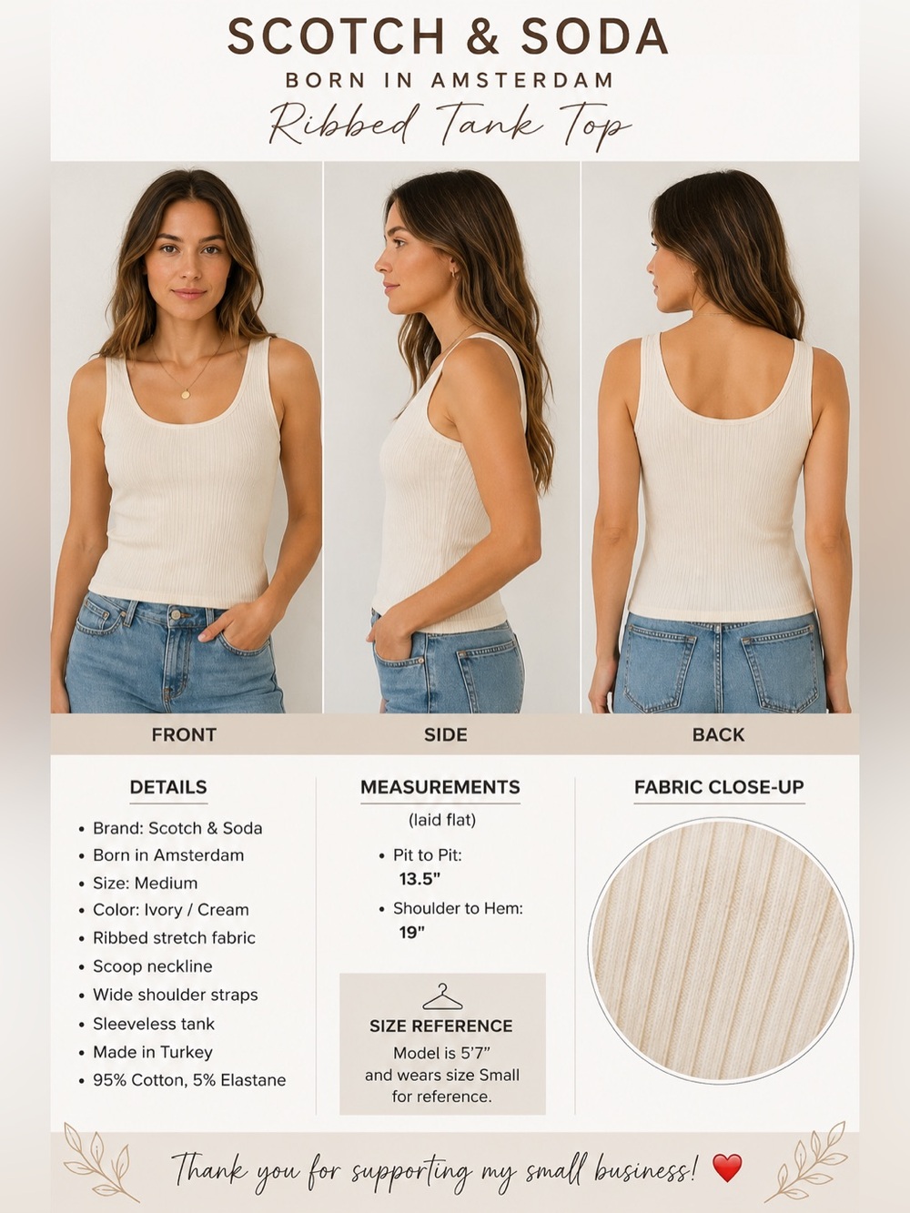 Scotch & Soda Ribbed Tank Top Ivory Sleeveless Women's Size Medium